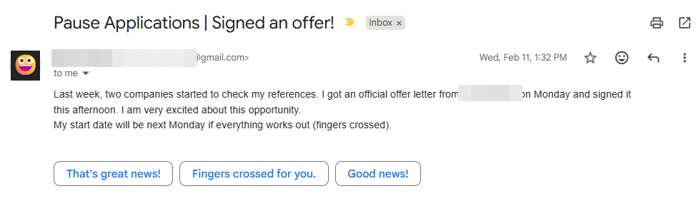 Client email: Pause Applications | Signed an offer!
