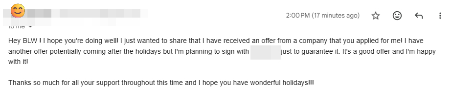 Client email about receiving an offer from a company BLW applied to