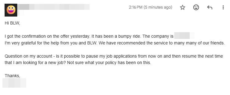 Client email recommending BorderlessWorker to friends after an offer
