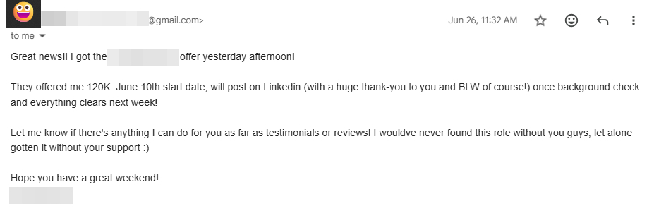 Client email about a 120K offer and thanking BorderlessWorker