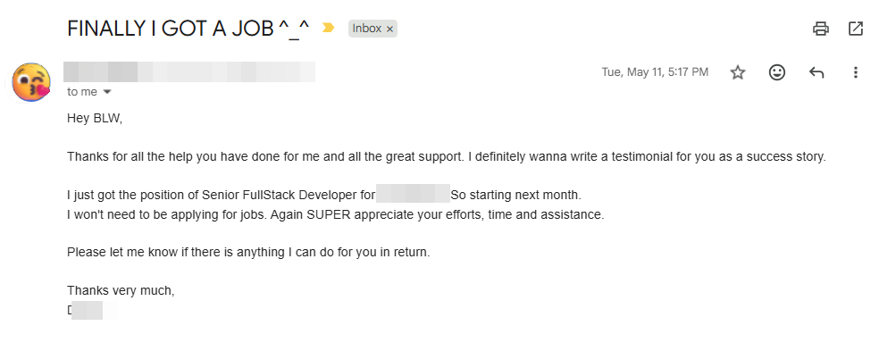 Client email: FINALLY I GOT A JOB — Senior FullStack Developer
